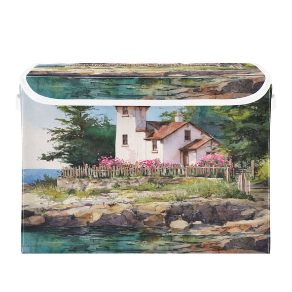 Storage Box With Lid 16.5x12.6x11.8In Lidded Home Storage Bins Foldable Stacked Household Storage Box Lighthouse Brown Roof