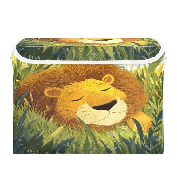 Storage Box With Lid 16.5x12.6x11.8In Lidded Home Storage Bins Foldable Stacked Household Storage Box Lion Sleeping on Grassland