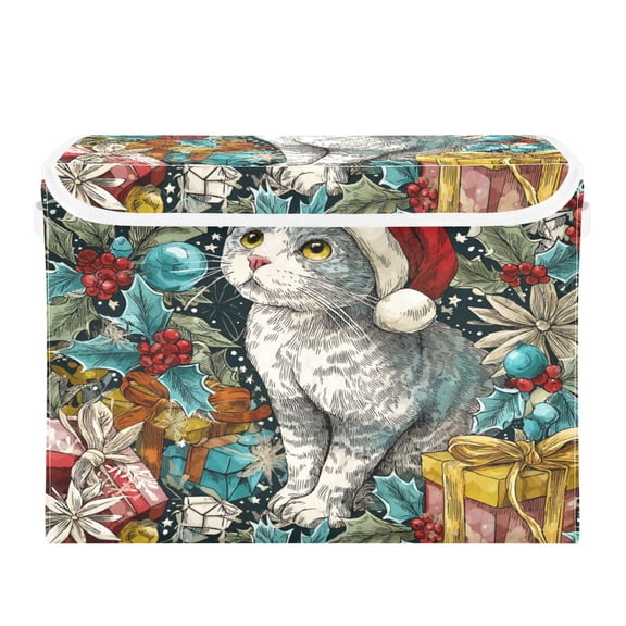 Storage Box With Lid 16.5x12.6x11.8In Lidded Home Storage Bins Foldable Stacked Household Storage Box Magical Christmas Cartoon Cat