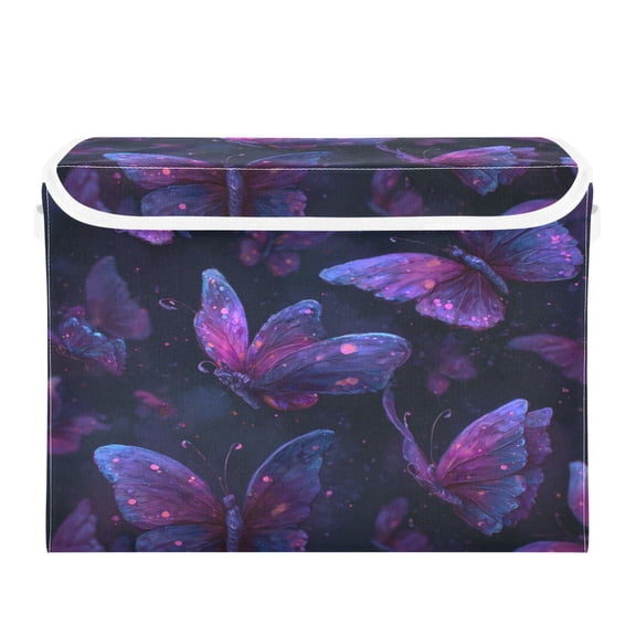 Storage Box With Lid 16.5x12.6x11.8In Lidded Home Storage Bins Foldable Stacked Household Storage Box Magical Glowing Purple Butterfly