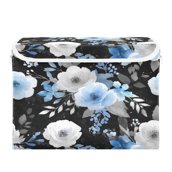 Storage Box With Lid 16.5x12.6x11.8In Lidded Home Storage Bins Foldable Stacked Household Storage Box Mixed White Blue Blooms