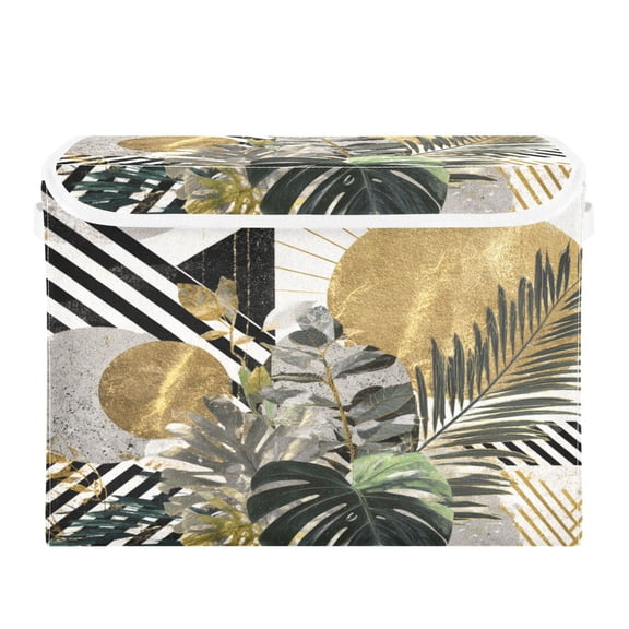 Storage Box With Lid 16.5x12.6x11.8In Lidded Home Storage Bins Foldable Stacked Household Storage Box Modern Tropical Leaf Fan Art