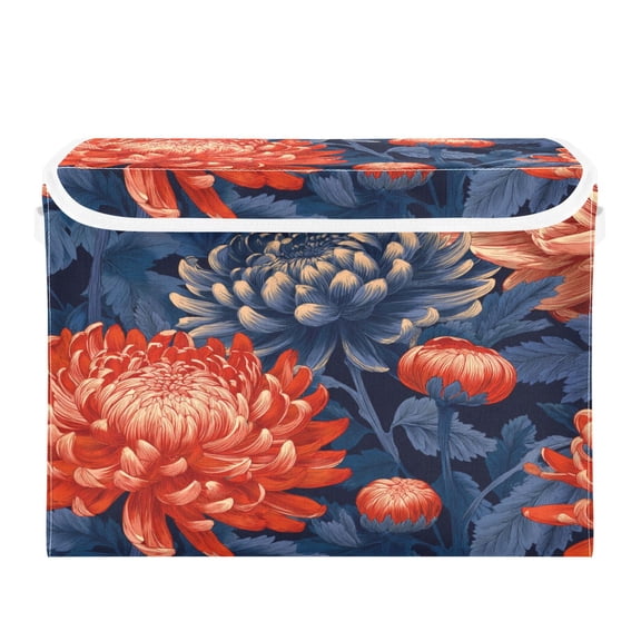 Storage Box With Lid 16.5x12.6x11.8In Lidded Home Storage Bins Foldable Stacked Household Storage Box Orange Deep Blue Chrysanthemums
