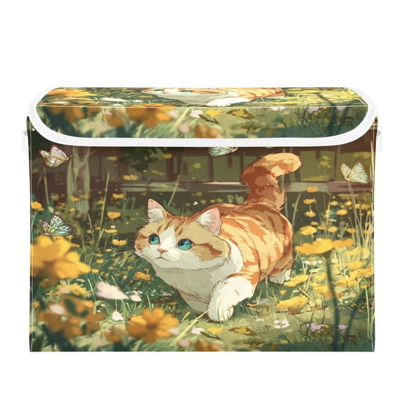 Storage Box With Lid 16.5x12.6x11.8In Lidded Home Storage Bins Foldable Stacked Household Storage Box Orange and White Kitten
