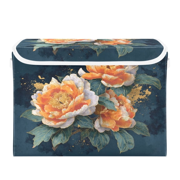 Storage Box With Lid 16.5x12.6x11.8In Lidded Home Storage Bins Foldable Stacked Household Storage Box Peach White Peony Flowers