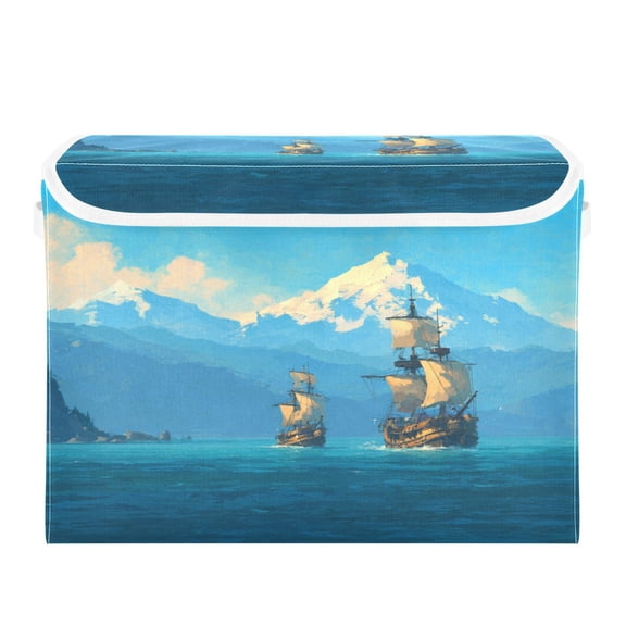 Storage Box With Lid 16.5x12.6x11.8In Lidded Home Storage Bins Foldable Stacked Household Storage Box Pirate Ships Ocean Mountain