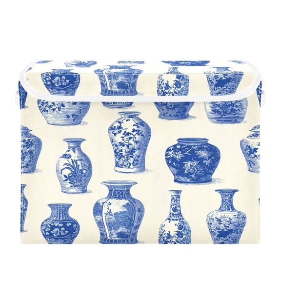 Storage Box With Lid 16.5x12.6x11.8In Lidded Home Storage Bins Foldable Stacked Household Storage Box Porcelain Pattern