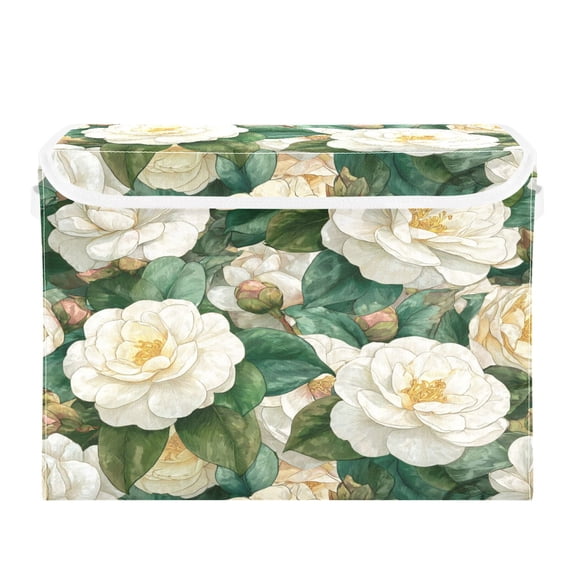 Storage Box With Lid 16.5x12.6x11.8In Lidded Home Storage Bins Foldable Stacked Household Storage Box Pure White Camellia Blooms