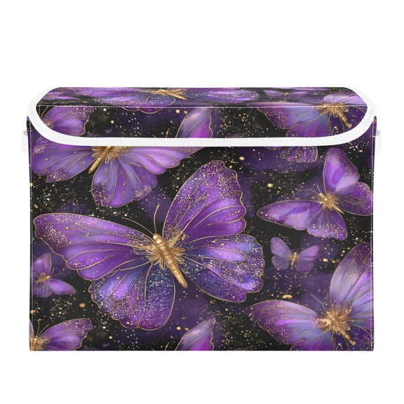 Storage Box With Lid 16.5x12.6x11.8In Lidded Home Storage Bins Foldable Stacked Household Storage Box Purple Butterflies
