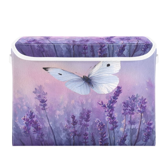 Storage Box With Lid 16.5x12.6x11.8In Lidded Home Storage Bins Foldable Stacked Household Storage Box Purple Butterfly Pattern
