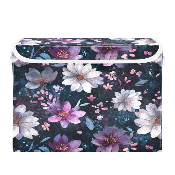 Storage Box With Lid 16.5x12.6x11.8In Lidded Home Storage Bins Foldable Stacked Household Storage Box Purple Flowers