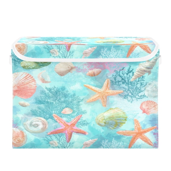 Storage Box With Lid 16.5x12.6x11.8In Lidded Home Storage Bins Foldable Stacked Household Storage Box Seamless Coral Reef Map