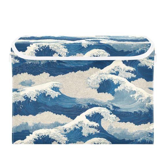 Storage Box With Lid 16.5x12.6x11.8In Lidded Home Storage Bins Foldable Stacked Household Storage Box Seamless Ocean Waves