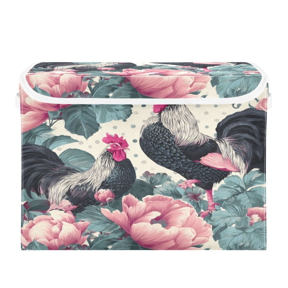 Storage Box With Lid 16.5x12.6x11.8In Lidded Home Storage Bins Foldable Stacked Household Storage Box Seamless Pattern Roosters