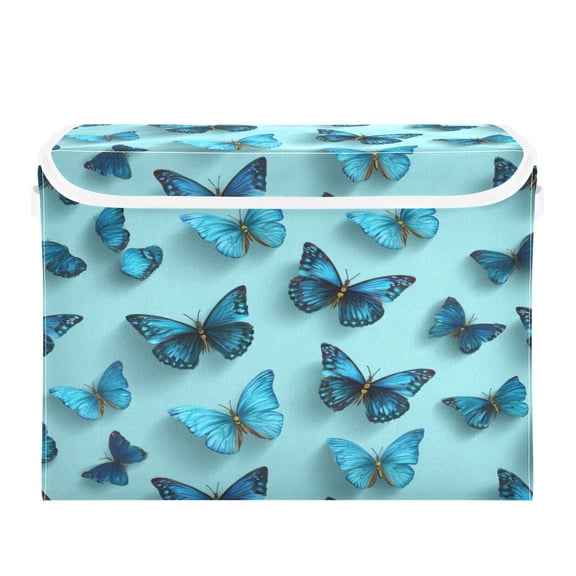 Storage Box With Lid 16.5x12.6x11.8In Lidded Home Storage Bins Foldable Stacked Household Storage Box Simple Blue Butterfly Pattern