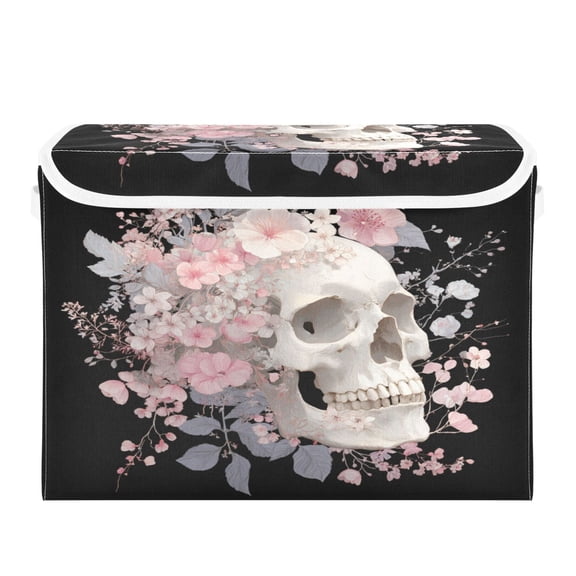 Storage Box With Lid 16.5x12.6x11.8In Lidded Home Storage Bins Foldable Stacked Household Storage Box Skull Flower Art