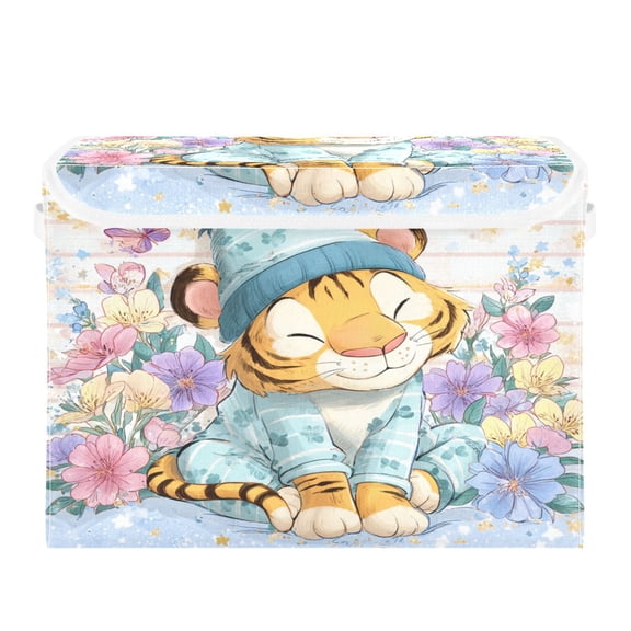 Storage Box With Lid 16.5x12.6x11.8In Lidded Home Storage Bins Foldable Stacked Household Storage Box Sleeping Cute Tiger