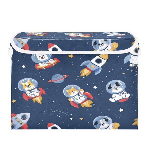 Storage Box With Lid 16.5x12.6x11.8In Lidded Home Storage Bins Foldable Stacked Household Storage Box Space Themed Astronaut Dogs