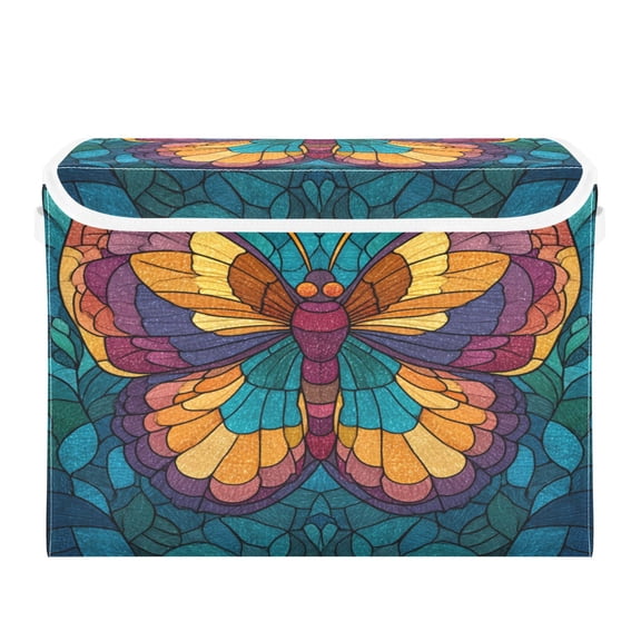 Storage Box With Lid 16.5x12.6x11.8In Lidded Home Storage Bins Foldable Stacked Household Storage Box Stained Glass Butterfly
