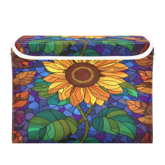 Storage Box With Lid 16.5x12.6x11.8In Lidded Home Storage Bins Foldable Stacked Household Storage Box Stained Glass Sunflower