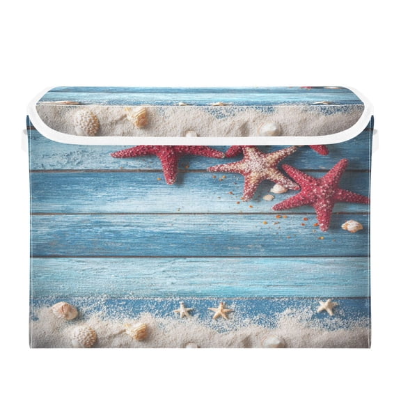 Storage Box With Lid 16.5x12.6x11.8In Lidded Home Storage Bins Foldable Stacked Household Storage Box Summer Starfish Beach