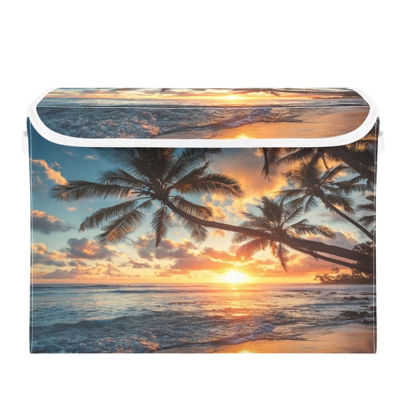 Storage Box With Lid 16.5x12.6x11.8In Lidded Home Storage Bins Foldable Stacked Household Storage Box Sunset Beach Palm Trees
