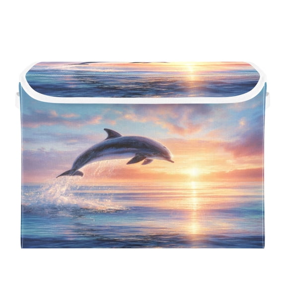 Storage Box With Lid 16.5x12.6x11.8In Lidded Home Storage Bins Foldable Stacked Household Storage Box Sunset Ocean Dolphin