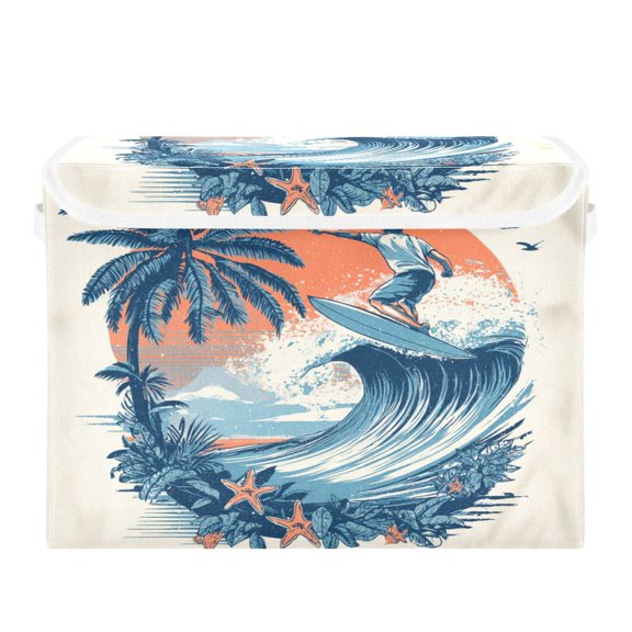 Storage Box With Lid 16.5x12.6x11.8In Lidded Home Storage Bins Foldable Stacked Household Storage Box Surfers Palm Tree Waves