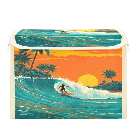 Storage Box With Lid 16.5x12.6x11.8In Lidded Home Storage Bins Foldable Stacked Household Storage Box Surfers Ride Ocean Waves