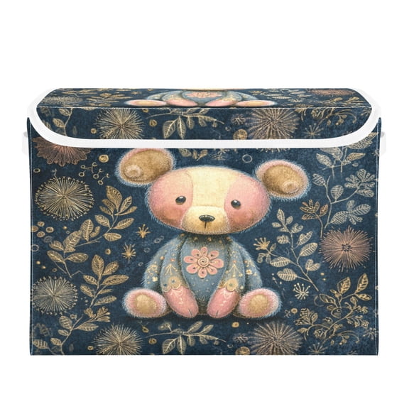 Storage Box With Lid 16.5x12.6x11.8In Lidded Home Storage Bins Foldable Stacked Household Storage Box Teddy Bear Pastel Style