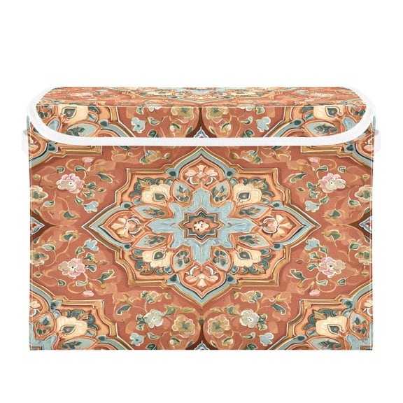Storage Box With Lid 16.5x12.6x11.8In Lidded Home Storage Bins Foldable Stacked Household Storage Box Terracotta Arabesque Peach Tones