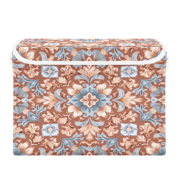 Storage Box With Lid 16.5x12.6x11.8In Lidded Home Storage Bins Foldable Stacked Household Storage Box Terracotta Tile Ornate Details