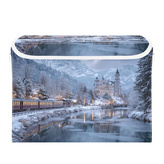 Storage Box With Lid 16.5x12.6x11.8In Lidded Home Storage Bins Foldable Stacked Household Storage Box Train Snow Lake Journey