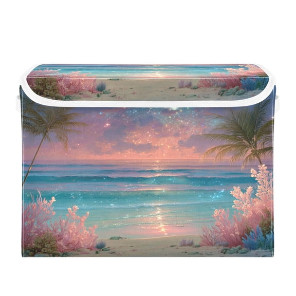 Storage Box With Lid 16.5x12.6x11.8In Lidded Home Storage Bins Foldable Stacked Household Storage Box Tropical Beach Sunset