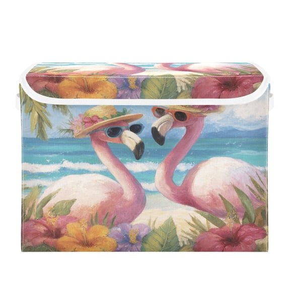 Storage Box With Lid 16.5x12.6x11.8In Lidded Home Storage Bins Foldable Stacked Household Storage Box Tropical Flamingo Beach Scene