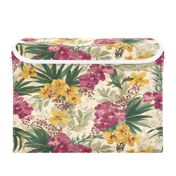 Storage Box With Lid 16.5x12.6x11.8In Lidded Home Storage Bins Foldable Stacked Household Storage Box Tropical Flowers Orchids Yellow