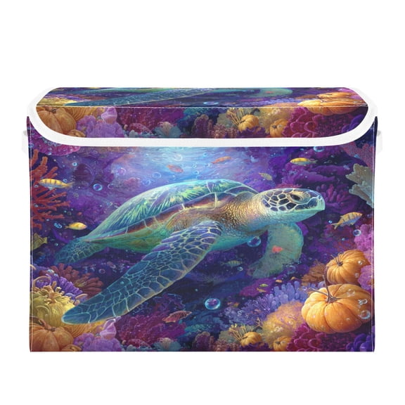 Storage Box With Lid 16.5x12.6x11.8In Lidded Home Storage Bins Foldable Stacked Household Storage Box Turtles in Ocean Scene