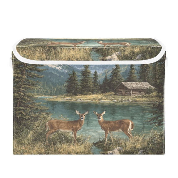 Storage Box With Lid 16.5x12.6x11.8In Lidded Home Storage Bins Foldable Stacked Household Storage Box Two White Tailed Deer