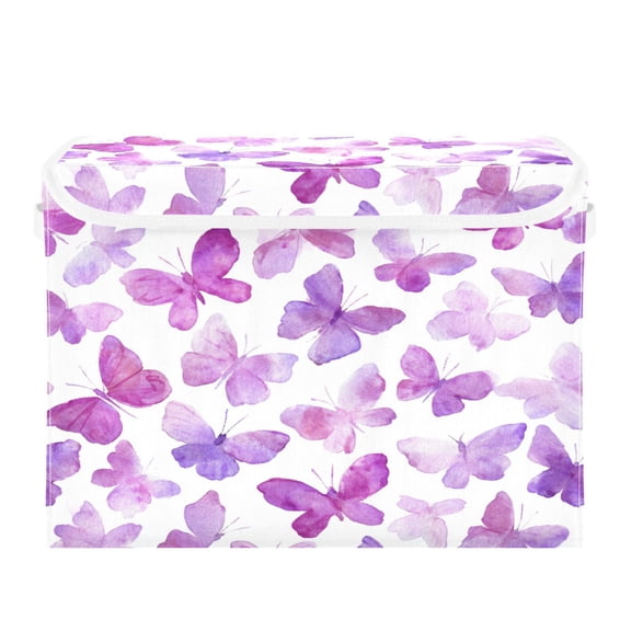 Storage Box With Lid 16.5x12.6x11.8In Lidded Home Storage Bins Foldable Stacked Household Storage Box Watercolor Purple Butterfly Pattern