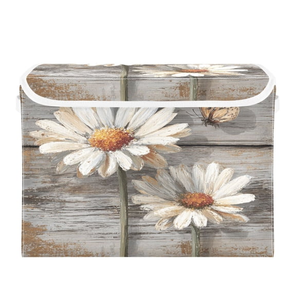 Storage Box With Lid 16.5x12.6x11.8In Lidded Home Storage Bins Foldable Stacked Household Storage Box White Chrysanthemum Beautiful