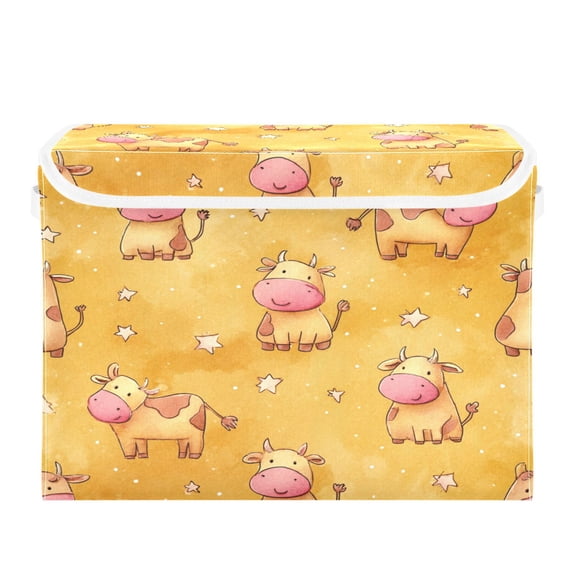 Storage Box With Lid 16.5x12.6x11.8In Lidded Home Storage Bins Foldable Stacked Household Storage Box Yellow Cattle Seamless