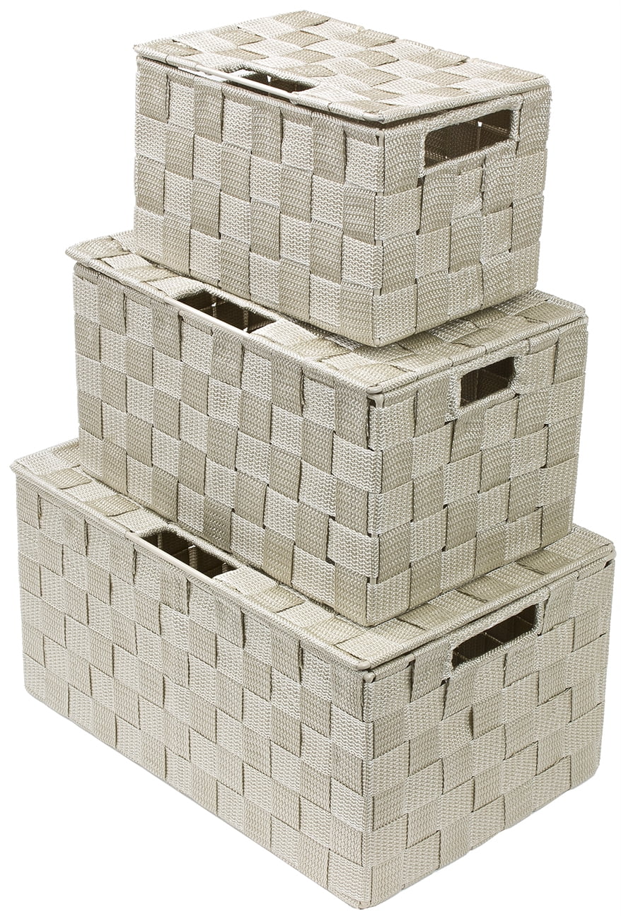 Storage Box Woven Basket Bin Container Tote Cube Organizer Set Stackable Shelf Organizer Built-in Carry Handles (3-Piece) beige