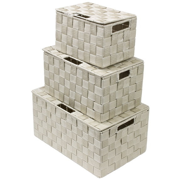 Storage Box Woven Basket Bin Container Tote Cube Organizer Set Stackable Shelf Organizer Built-in Carry Handles (3-Piece) beige