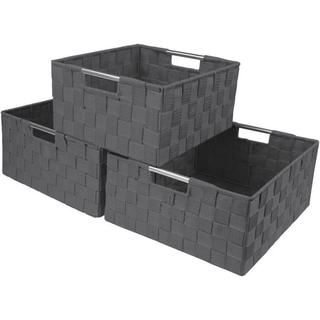 Storage Box Woven Basket Bin Container Tote Cube Organizer Shelf Organizer with Built-in Carry Handles Grey