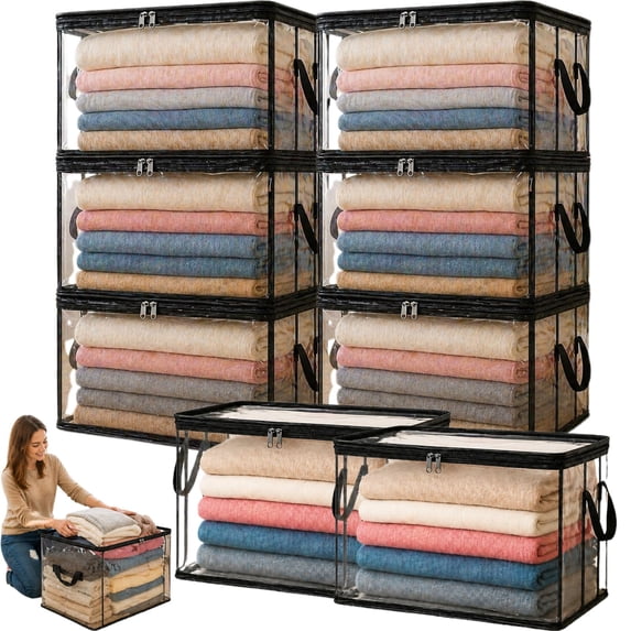 Storage Box with Lid Large Heavy-Duty Thick Plastic Clear Storage Bin High Capacity Organizer for Home, Camping, Travel, Attic and Moving M 8PC