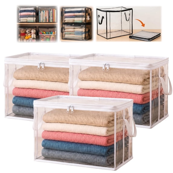 Storage Box with Lid Large White PVC Clear Storage Bin High Capacity Organizer for Home, Camping, Travel, Attic and Moving L 3PC