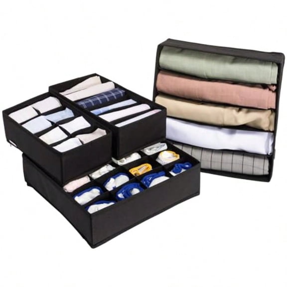 Storage Boxes - Efficient Small Dresser Drawer Insert Organizer for Clothes - Dividers for Underwear Socks Ties Scarves - Foldable Space-Saving Organizers - Set of 4 Black