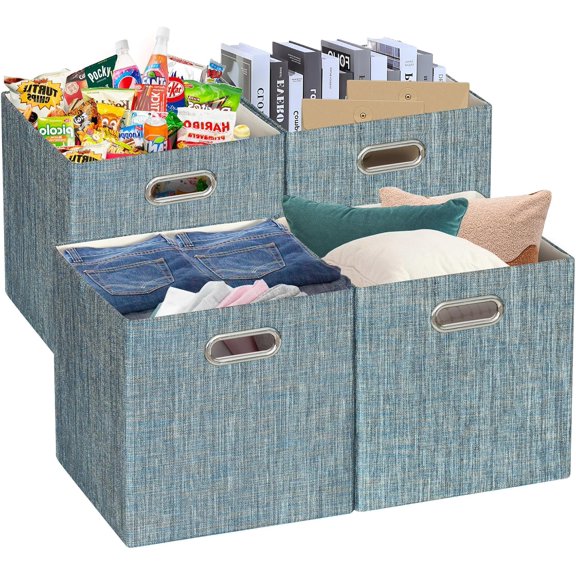 Storage Boxes, Foldable Organiser Cube Basket Bin, Thick and Heavy Duty (28×28×28cm/4pcs, Teal)