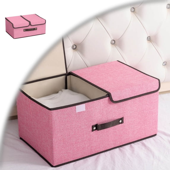 Storage Boxes with Lid Cotton Linen Fabric Storage Bins Organizer Container Decorative Collapsible Washable Shelf Baskets Leather Handles for Home Bedroom Closet