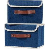 Storage Boxes with Lid Cotton Linen Fabric Storage Bins Organizer Container Decorative Collapsible Washable Shelf Baskets Faux Leather Handles for Home Bedroom Closet (Black, Small Size)